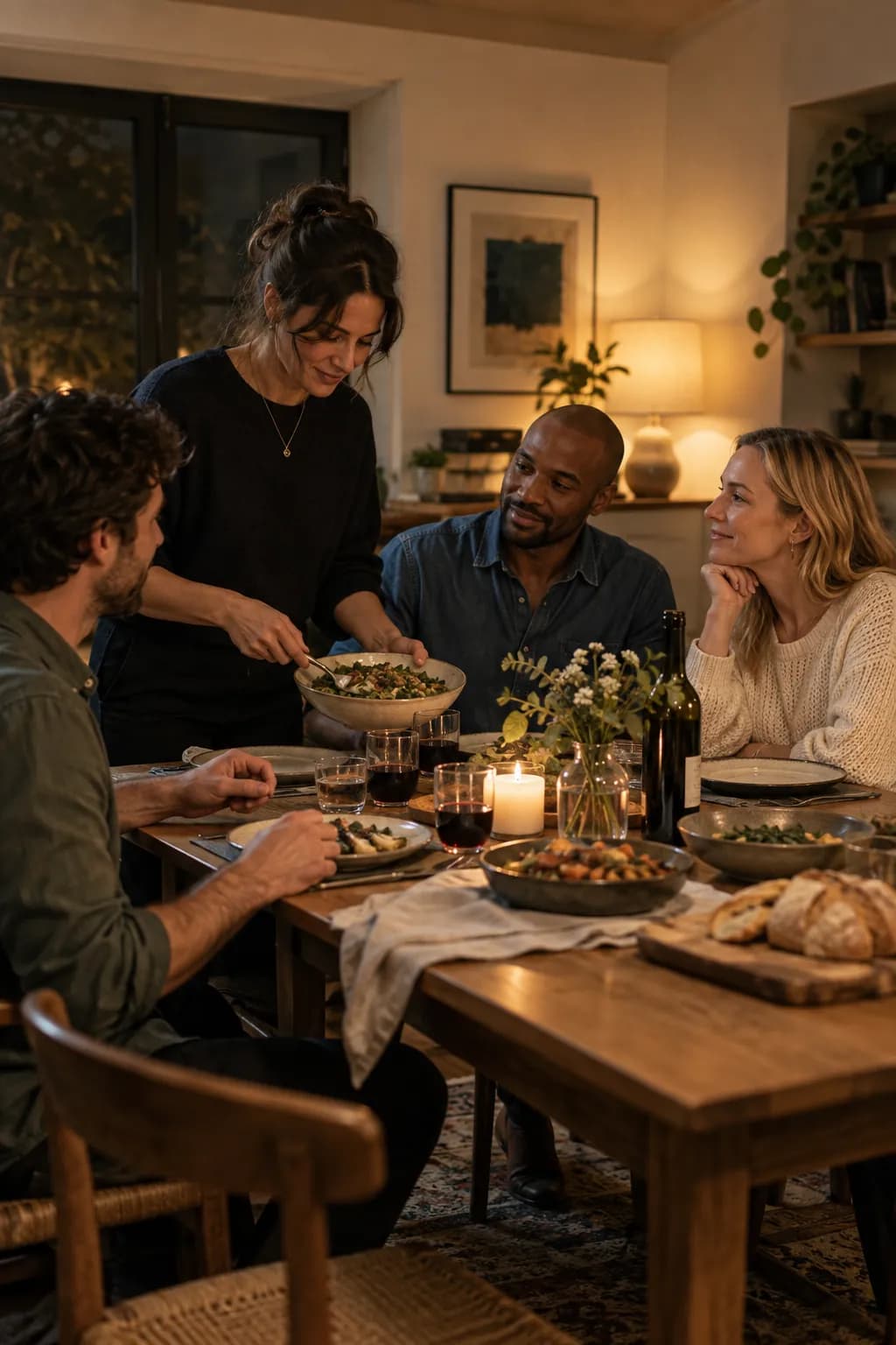 Friends gathering around a dinner table